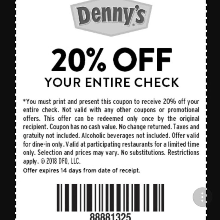 denny's 20% off coupon barcode