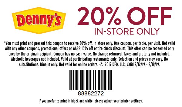 denny's 20% off coupon barcode